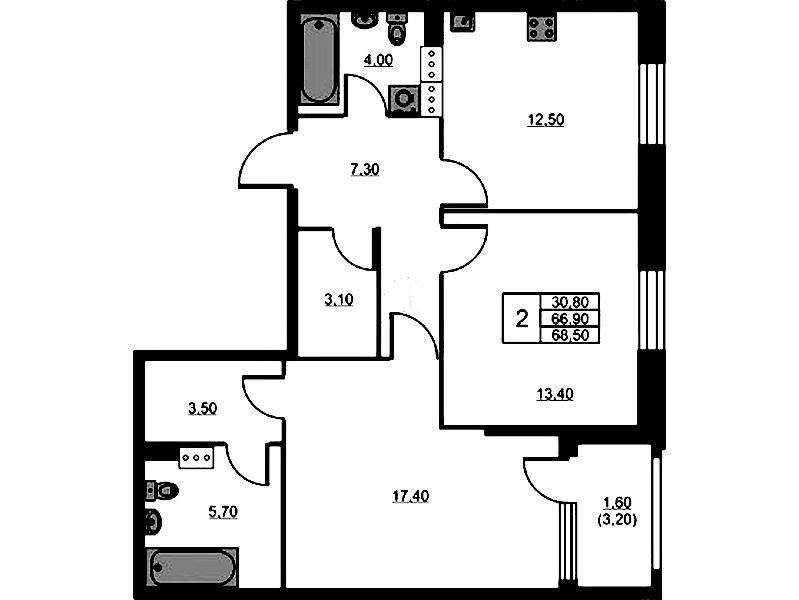 2-комнатная квартира 68.5 м², 2/13 эт., ЖК «Тайм Сквер»